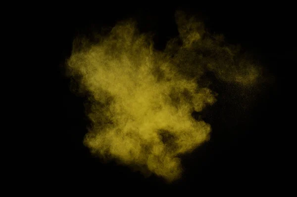 Gelbes Pulver Explodiert Auf Schwarzem Hintergrund Farbige Puderwolke Bunter Staub — Stockfoto