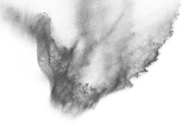 Siyah parçacıklar beyaz zemin üzerinde izole edildi. Soyut toz tabakası dokusu.