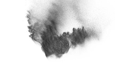 Siyah parçacıklar beyaz zemin üzerinde izole edildi. Soyut toz tabakası dokusu.