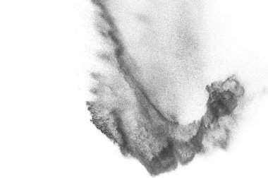 Siyah parçacıklar beyaz zemin üzerinde izole edildi. Soyut toz tabakası dokusu.