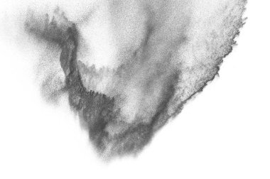 Siyah parçacıklar beyaz zemin üzerinde izole edildi. Soyut toz tabakası dokusu.