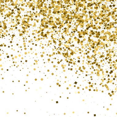 Altın glitter doku üzerinde beyaz izole. Amber parçacıklar renk. Kutlama arka plan. Altın patlama konfeti. Vektör çizim, eps 10.