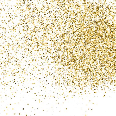 Altın glitter doku üzerinde beyaz izole. Amber parçacıklar renk. Kutlama arka plan. Altın patlama konfeti. Vektör çizim, eps 10.
