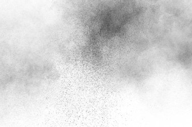 Siyah parçacıklar beyaz zemin üzerinde izole edildi. Soyut toz tabakası dokusu.