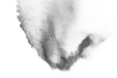 Siyah parçacıklar beyaz zemin üzerinde izole edildi. Soyut toz tabakası dokusu.