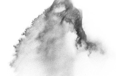 Siyah parçacıklar beyaz zemin üzerinde izole edildi. Soyut toz tabakası dokusu.