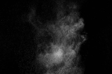 Siyah zemin üzerindeki beyaz parçacıkların hareketlerini dondur. Barut patlaması. Soyut toz tabakası dokusu.