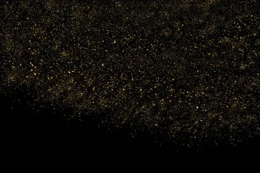 Siyah üzerine izole edilmiş altın rengi parıltı dokusu. Amber Parçacık Rengi. Kutlama arkaplanı. Altın Konfeti Patlaması. Tasarım elementi. Vektör İllüstrasyonu, Eps 10.