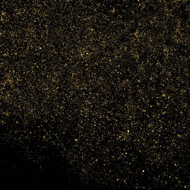 Siyah üzerine izole edilmiş altın rengi parıltı dokusu. Amber Parçacık Rengi. Kutlama arkaplanı. Altın Konfeti Patlaması. Tasarım elementi. Vektör İllüstrasyonu, Eps 10.