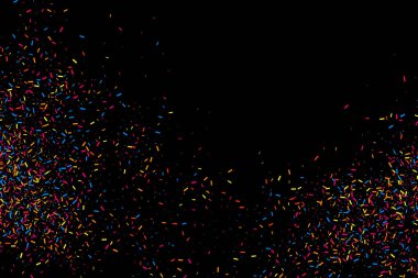 Renkli patlama konfeti. Siyah arka plan üzerine izole grenli soyut çok renkli doku. Raster ve bit eşlem kopya sürüm.