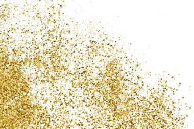 Beyazda izole edilmiş altın rengi parıltı dokusu. Amber Parçacık Rengi. Kutlama arkaplanı. Altın Konfeti Patlaması. Vektör İllüstrasyonu, Eps 10.