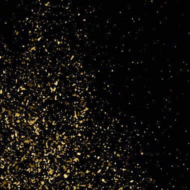 Siyah üzerine izole edilmiş altın rengi parıltı dokusu. Amber Parçacık Rengi. Kutlama arkaplanı. Altın Konfeti Patlaması. Tasarım elementi. Vektör İllüstrasyonu, Eps 10.
