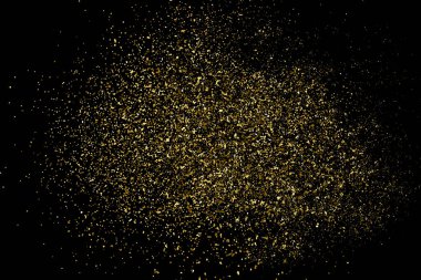 Siyah üzerine izole edilmiş altın rengi parıltı dokusu. Amber Parçacık Rengi. Kutlama arkaplanı. Altın Konfeti Patlaması. Tasarım elementi. Vektör İllüstrasyonu, Eps 10.