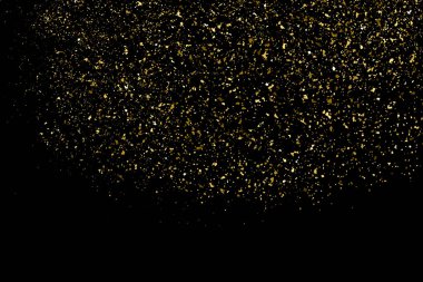 Siyah üzerine izole edilmiş altın rengi parıltı dokusu. Amber Parçacık Rengi. Kutlama arkaplanı. Altın Konfeti Patlaması. Tasarım elementi. Vektör İllüstrasyonu, Eps 10.