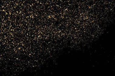 Siyah üzerine izole edilmiş altın rengi parıltı dokusu. Amber Parçacık Rengi. Kutlama arkaplanı. Altın Konfeti Patlaması. Tasarım elementi. Vektör İllüstrasyonu, Eps 10.