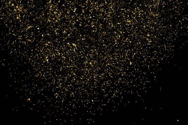 Siyah üzerine izole edilmiş altın rengi parıltı dokusu. Amber Parçacık Rengi. Kutlama arkaplanı. Altın Konfeti Patlaması. Tasarım elementi. Vektör İllüstrasyonu, Eps 10.