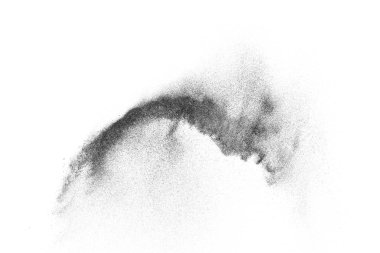 Siyah parçacıklar beyaz zemin üzerinde izole edildi. Soyut toz tabakası dokusu.