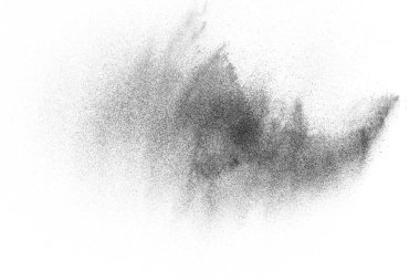 Siyah parçacıklar beyaz zemin üzerinde izole edildi. Soyut toz tabakası dokusu.