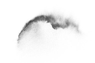 Siyah parçacıklar beyaz zemin üzerinde izole edildi. Soyut toz tabakası dokusu.