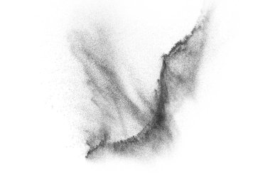 Siyah parçacıklar beyaz zemin üzerinde izole edildi. Soyut toz tabakası dokusu.