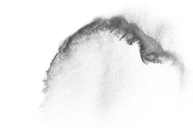 Siyah parçacıklar beyaz zemin üzerinde izole edildi. Soyut toz tabakası dokusu.