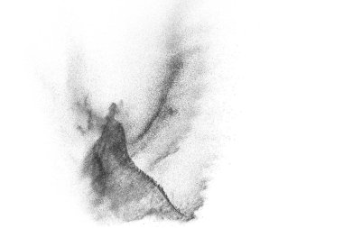 Siyah parçacıklar beyaz zemin üzerinde izole edildi. Soyut toz tabakası dokusu.