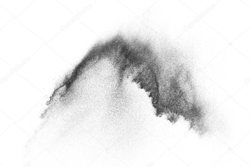 Black particles explosion isolated on white background.  Abstract dust overlay texture.