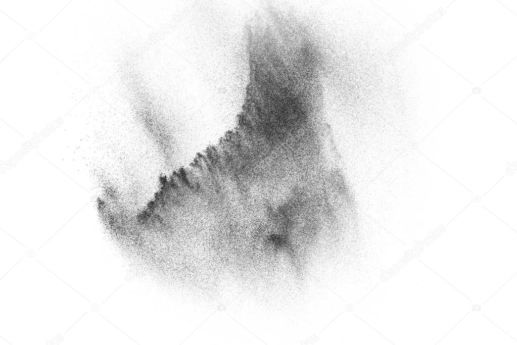 Black particles explosion isolated on white background.  Abstract dust overlay texture.