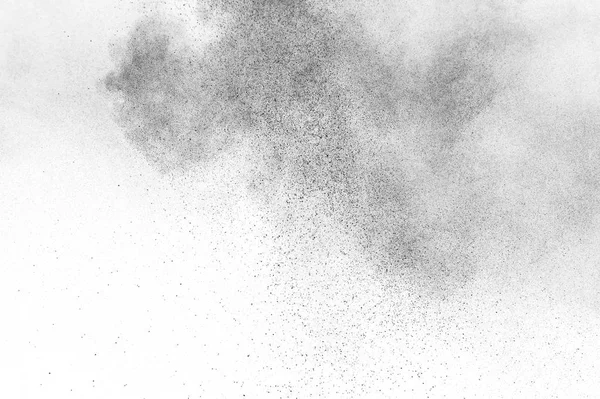 Explosões Partículas Negras Isoladas Fundo Branco Textura Sobreposição Poeira Abstrata — Fotografia de Stock