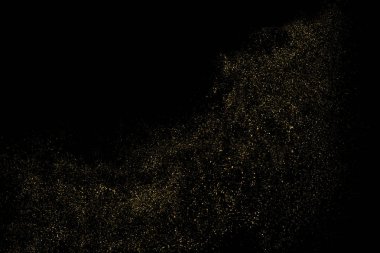 Siyah üzerine izole edilmiş altın rengi parıltı dokusu. Amber Parçacık Rengi. Kutlama arkaplanı. Altın Konfeti Patlaması. Tasarım elementi. Vektör İllüstrasyonu, Eps 10.