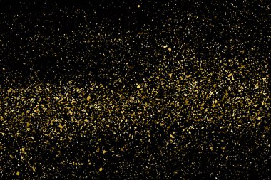Siyah üzerine izole edilmiş altın rengi parıltı dokusu. Amber Parçacık Rengi. Kutlama arkaplanı. Altın Konfeti Patlaması. Tasarım elementi. Vektör İllüstrasyonu, Eps 10.