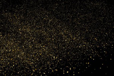 Siyah üzerine izole edilmiş altın rengi parıltı dokusu. Amber Parçacık Rengi. Kutlama arkaplanı. Altın Konfeti Patlaması. Tasarım elementi. Vektör İllüstrasyonu, Eps 10.