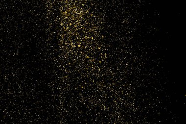 Siyah üzerine izole edilmiş altın rengi parıltı dokusu. Amber Parçacık Rengi. Kutlama arkaplanı. Altın Konfeti Patlaması. Tasarım elementi. Vektör İllüstrasyonu, Eps 10.