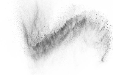 Siyah parçacıklar beyaz zemin üzerinde izole edildi. Soyut toz tabakası dokusu.