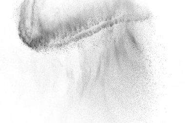 Siyah parçacıklar beyaz zemin üzerinde izole edildi. Soyut toz tabakası dokusu.