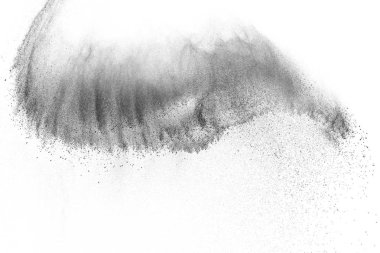 Siyah parçacıklar beyaz zemin üzerinde izole edildi. Soyut toz tabakası dokusu.