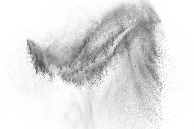 Siyah parçacıklar beyaz zemin üzerinde izole edildi. Soyut toz tabakası dokusu.