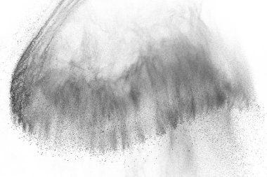 Siyah parçacıklar beyaz zemin üzerinde izole edildi. Soyut toz tabakası dokusu.