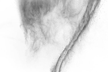 Siyah parçacıklar beyaz zemin üzerinde izole edildi. Soyut toz tabakası dokusu.