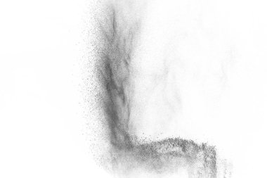 Siyah parçacıklar beyaz zemin üzerinde izole edildi. Soyut toz tabakası dokusu.