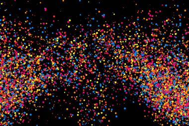 Renkli patlama konfeti. Siyah arka plan üzerine izole grenli soyut çok renkli doku. Düz tasarım öğesi. Vektör çizim, eps 10.