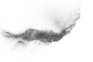 Siyah parçacıklar beyaz zemin üzerinde izole edildi. Soyut toz tabakası dokusu.