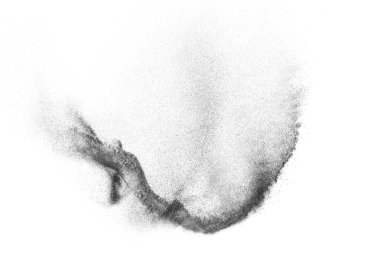 Siyah parçacıklar beyaz zemin üzerinde izole edildi. Soyut toz tabakası dokusu.