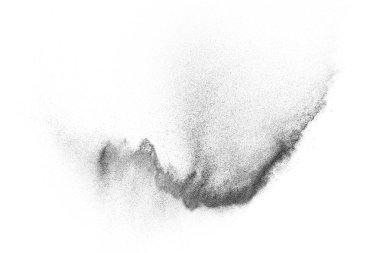 Siyah parçacıklar beyaz zemin üzerinde izole edildi. Soyut toz tabakası dokusu.