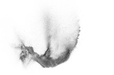 Siyah parçacıklar beyaz zemin üzerinde izole edildi. Soyut toz tabakası dokusu.