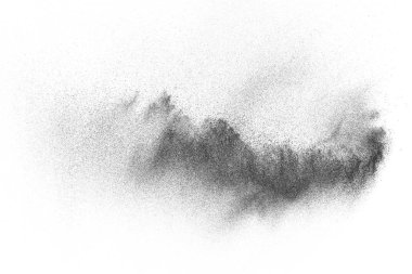 Siyah parçacıklar beyaz zemin üzerinde izole edildi. Soyut toz tabakası dokusu.