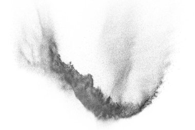 Siyah parçacıklar beyaz zemin üzerinde izole edildi. Soyut toz tabakası dokusu.