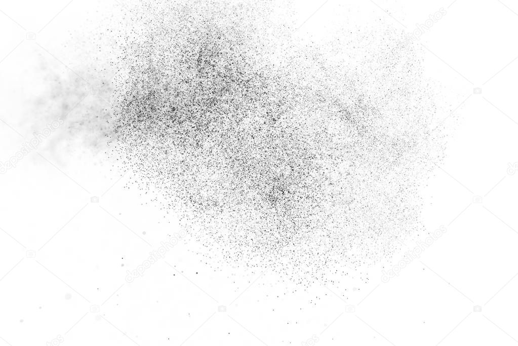 Black particles explosion isolated on white background.  Abstract dust overlay texture.