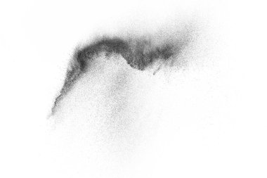 Siyah parçacıklar beyaz zemin üzerinde izole edildi. Soyut toz tabakası dokusu.