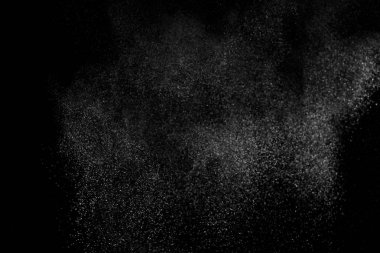 Siyah zemin üzerindeki beyaz parçacıkların hareketlerini dondur. Barut patlaması. Soyut toz tabakası dokusu.